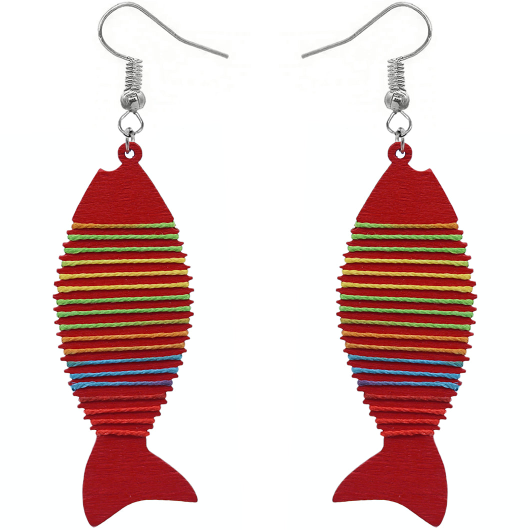 Red Multicolor Wooden Woven Fish Earrings