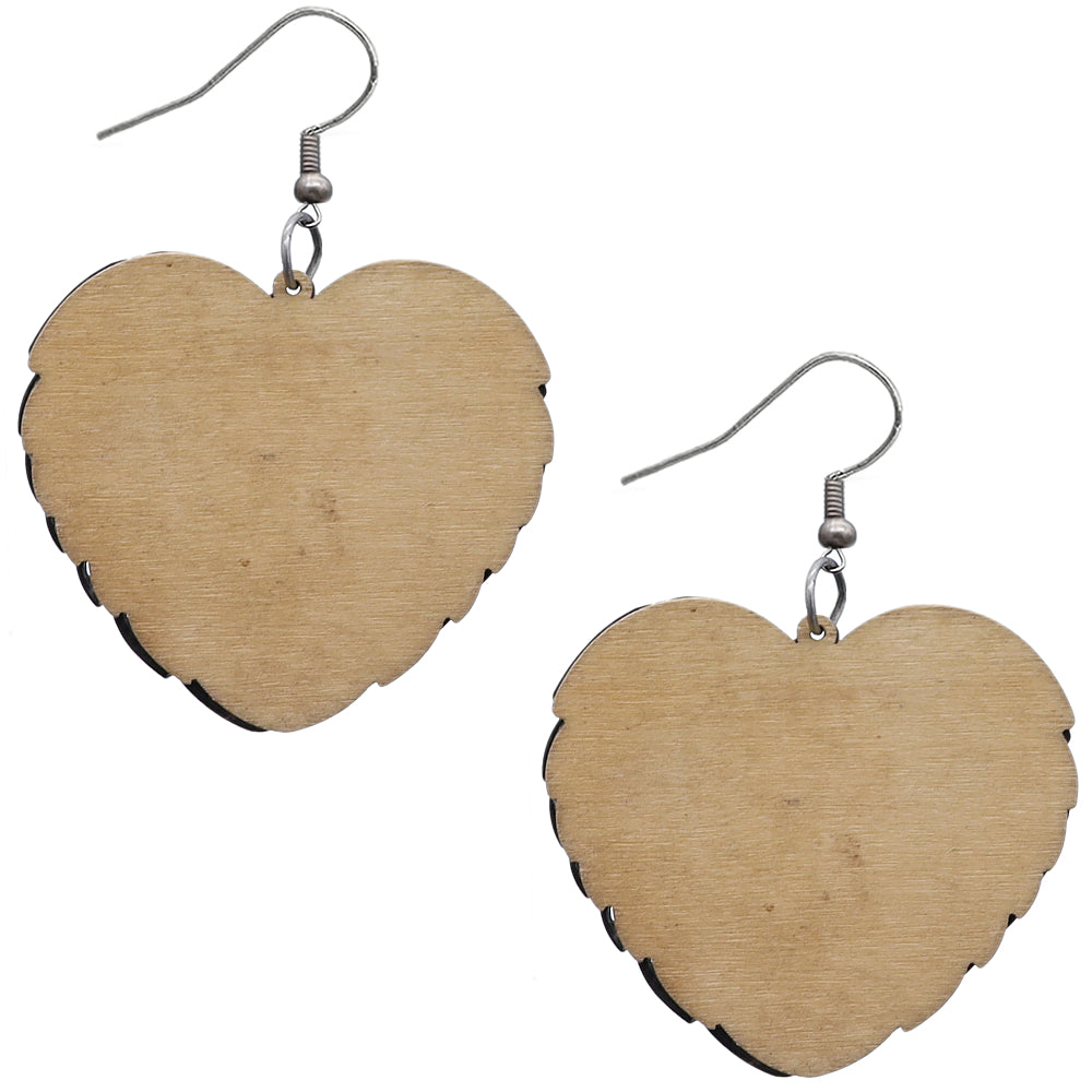 Tan Wooden Heart Double Wing Earrings