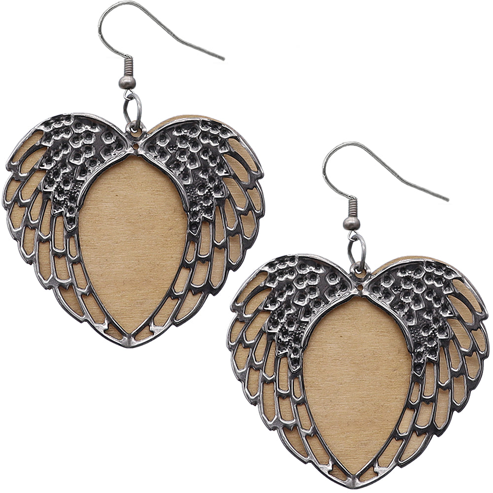 Tan Wooden Heart Double Wing Earrings