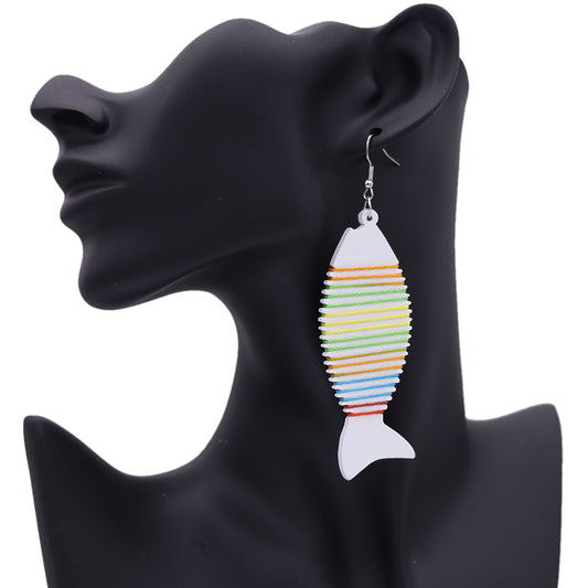 White Multicolor Wooden Woven Fish Earrings