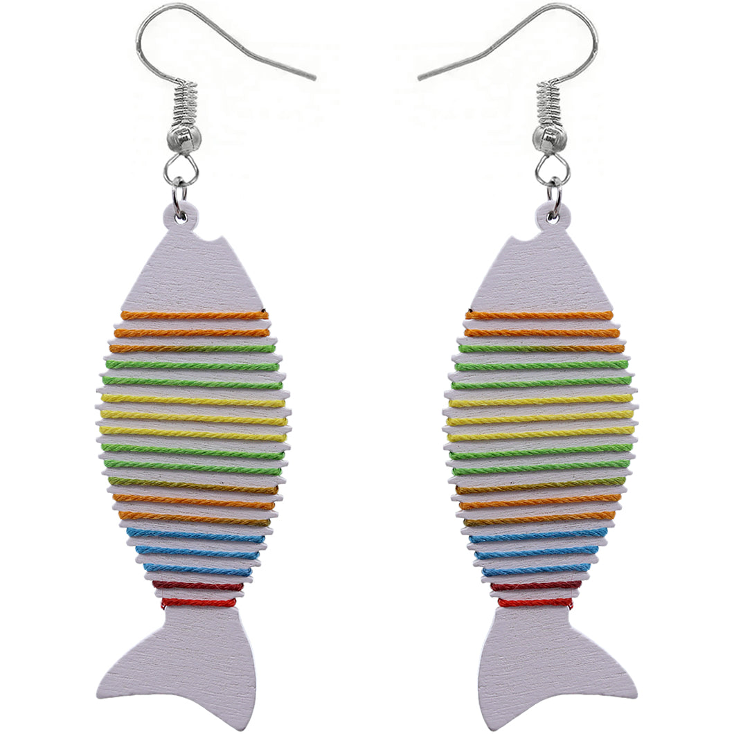 White Multicolor Wooden Woven Fish Earrings