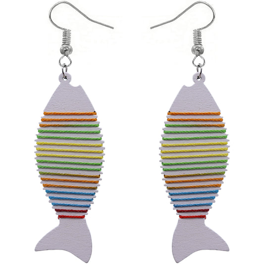 White Multicolor Wooden Woven Fish Earrings