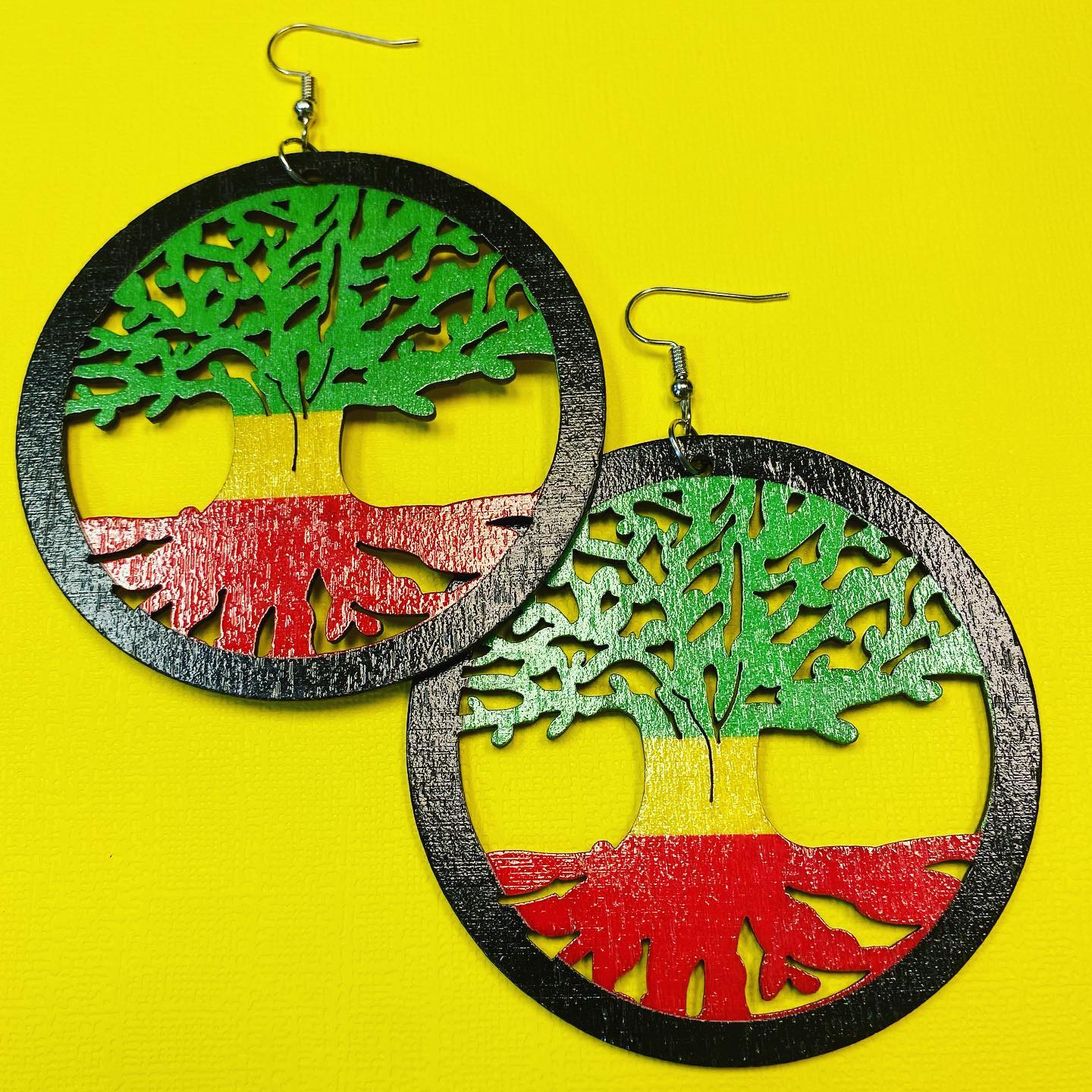 Rasta Multicolor Tree of Life Wooden Earrings