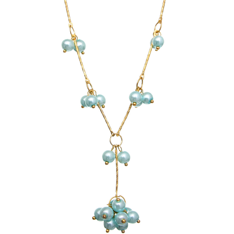 Blue Faux Pearl Drop Necklace Earrings Set