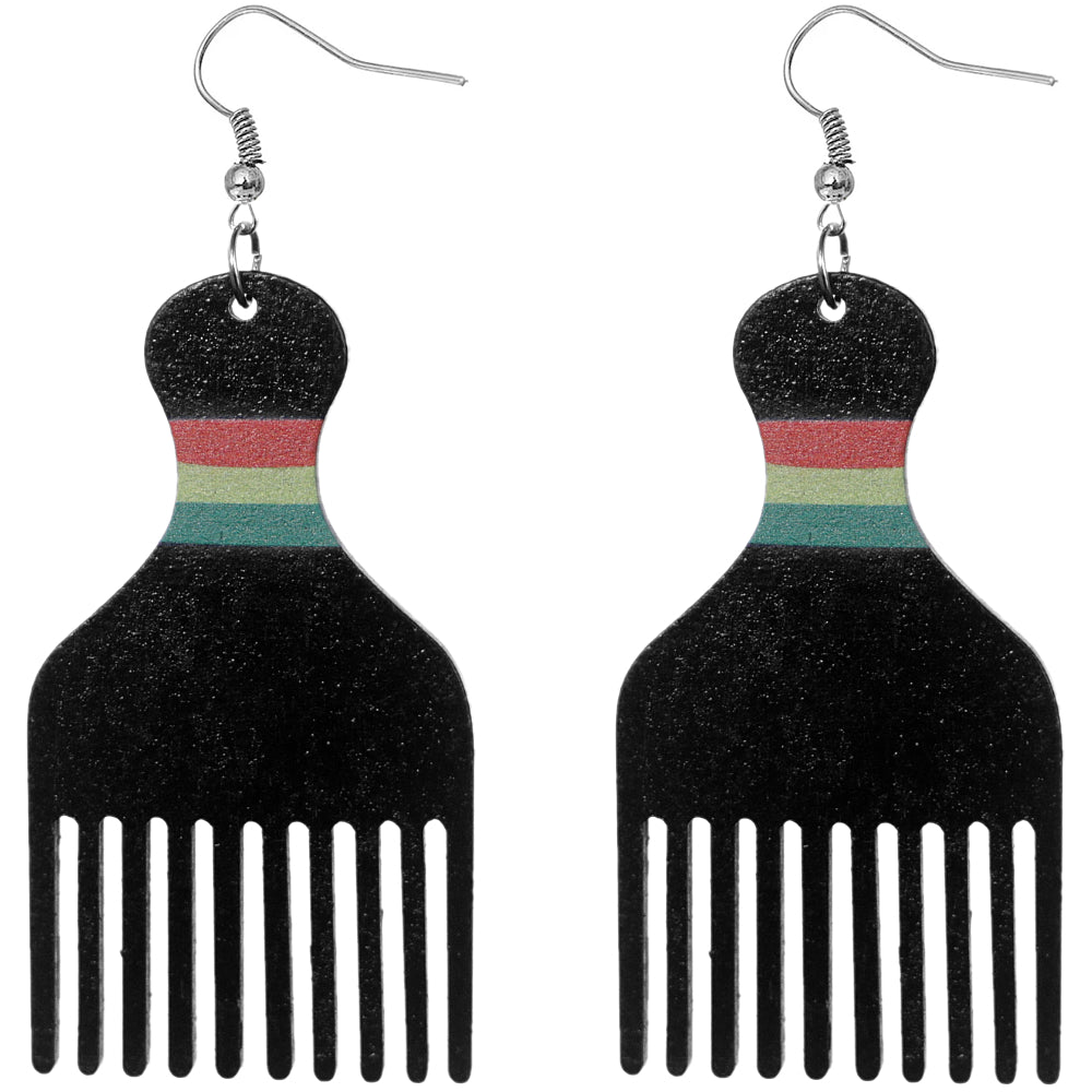 Black Afro Pick Comb Wooden Earrings