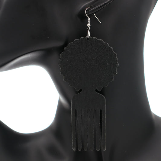 Black Natural Hair Afro Pick Wooden Earrings