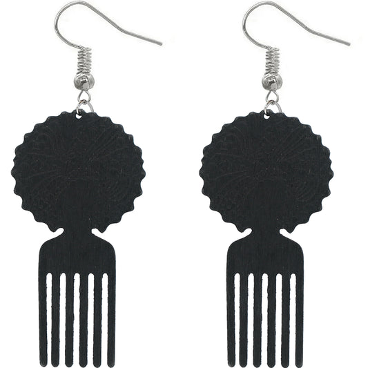 Black Natural Hair Afro Pick Wooden Earrings