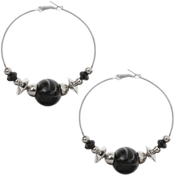 Black Beaded Medium Hoop Earrings