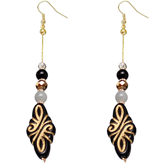 Black Ethnic Carved Pattern Bead Drop Earrings