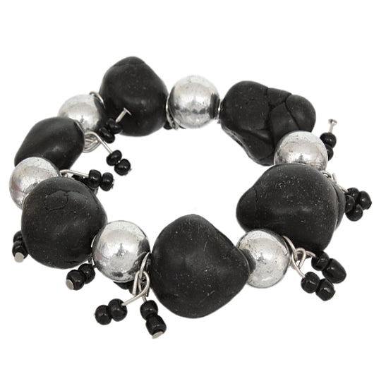 Black Beaded Faux Stone Stretch Bracelet