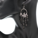 Black Long Beaded Floral Dangle Earrings