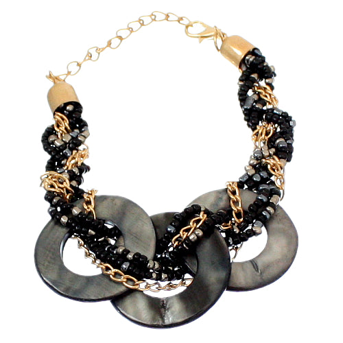 Black Beaded Circular Shell Chain Link Bracelet