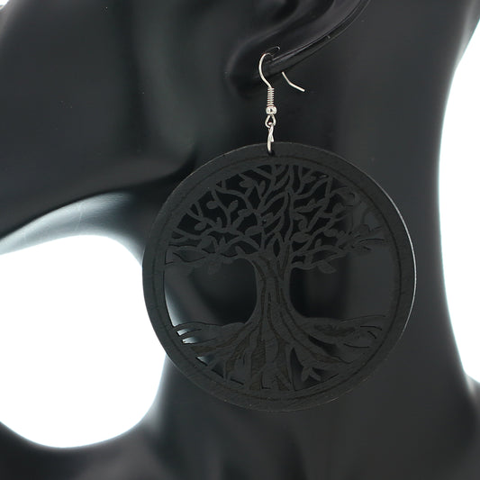 Black Cutout Tree Of Life Wooden Earrings