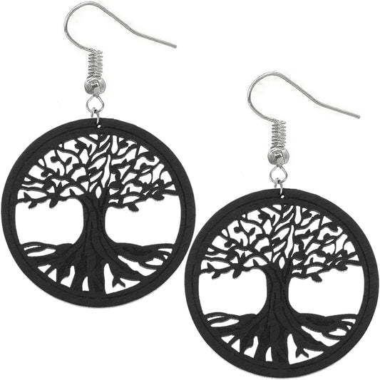 Black Cutout Tree Of Life Wooden Earrings