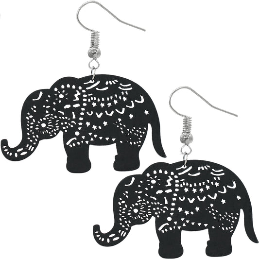 Black Elephant Wooden Dangle Earrings