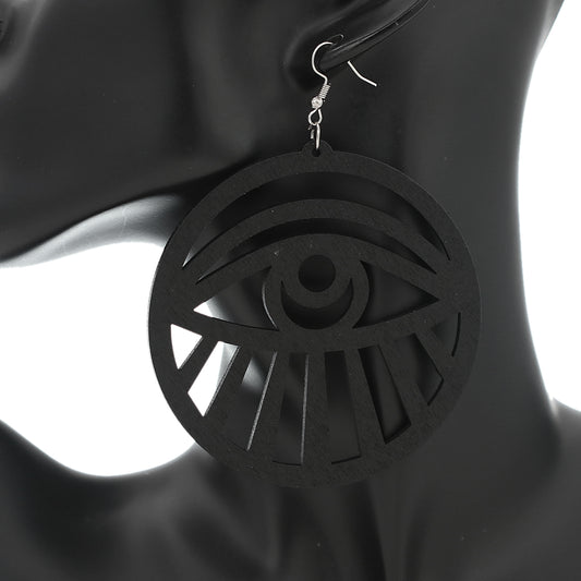 Black Evil Eye Large Wooden Earrings