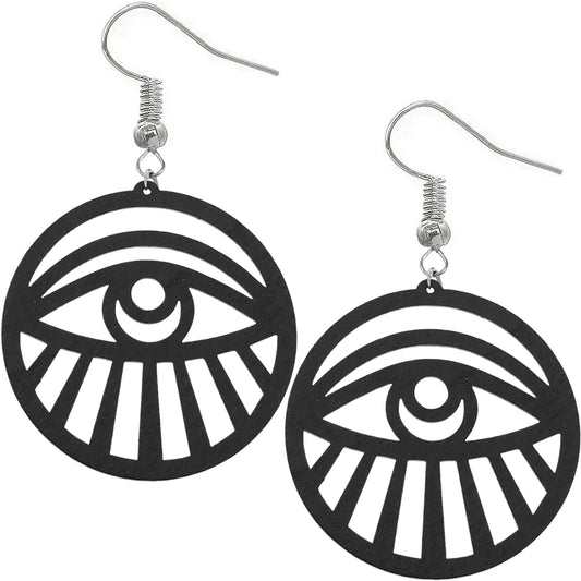 Black Evil Eye Large Wooden Earrings