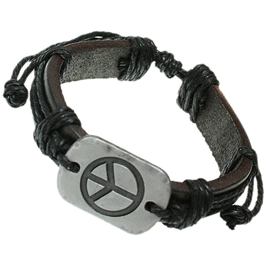 Black Faux Leather Peace Adjustable Bracelet