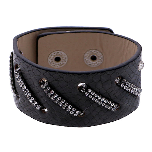 Black Faux Leather Rhinestone Snap Bracelet