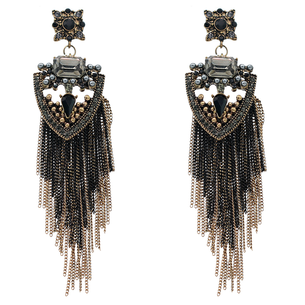 Black Faux Pearl Gemstone Long Chain Earrings