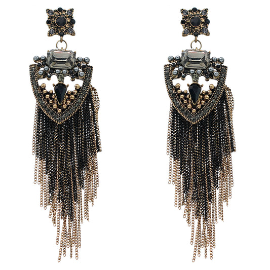 Black Faux Pearl Gemstone Long Chain Earrings