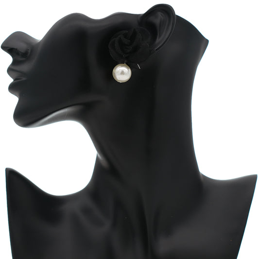 Black Tulle Faux Pearl Stud Earrings