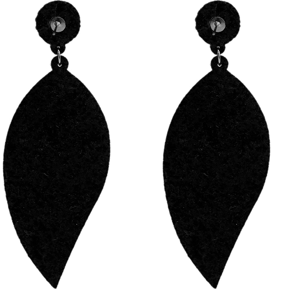 Black Leaf Shape Pave Stone Felt Earrings
