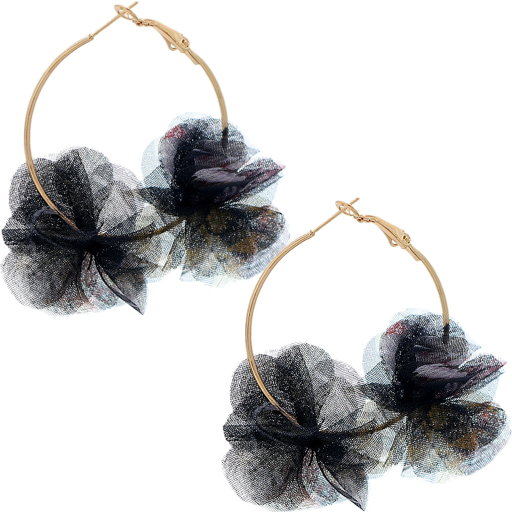 Black Floral Tulle Mini Hoop Earrings
