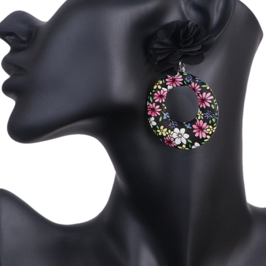 Black Floral Fabric Drop Hoop Earrings