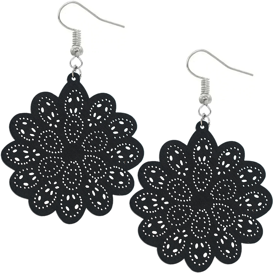 Black Floral Mandala Pattern Wooden Earrings