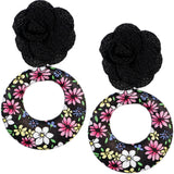 Black Flower Open Circle Earrings