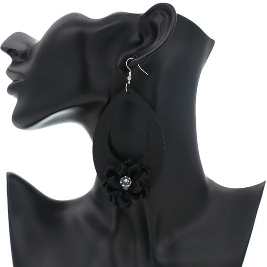 Black Flower Wooden Teardrop Earrings
