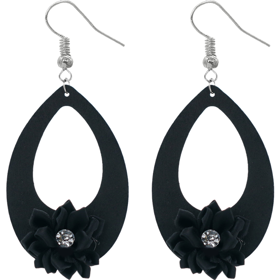 Black Flower Wooden Teardrop Earrings