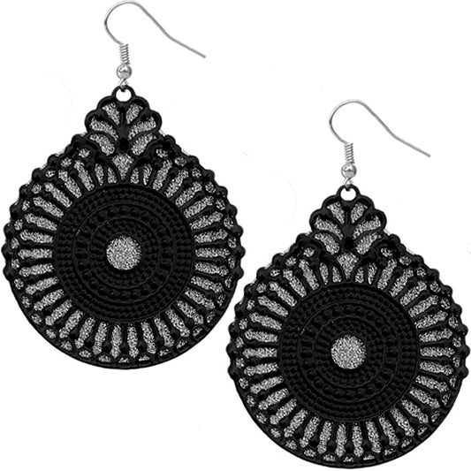 Black Glitter Open Scrollwork Dangle Earrings