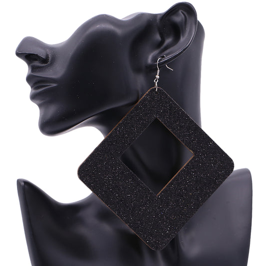 Black Large Wooden Glitter Hollow Earrings