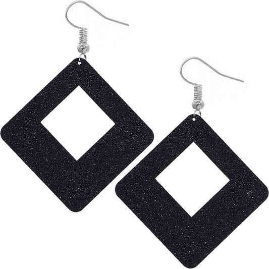 Black Large Wooden Glitter Hollow Earrings