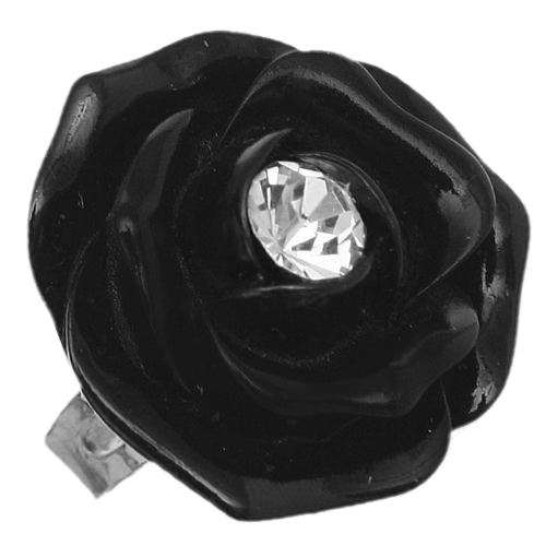 Black Centered Rhinestone Flower Adjustable Ring