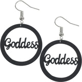 Black Cursive Goddess Word Wooden Earrings