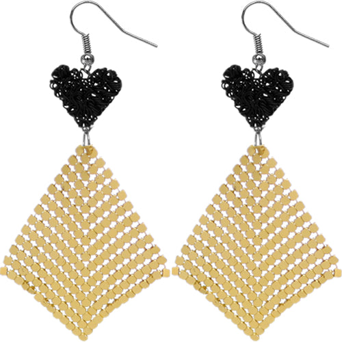 Black Gold Heart Mesh Dangle Earrings