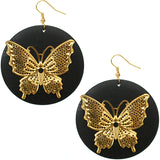 Black Gold Wooden Butterfly Dangle Earrings