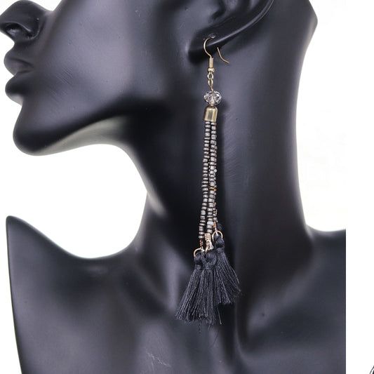 Black Gray Beaded Sequin Tassel Dangle Earrings