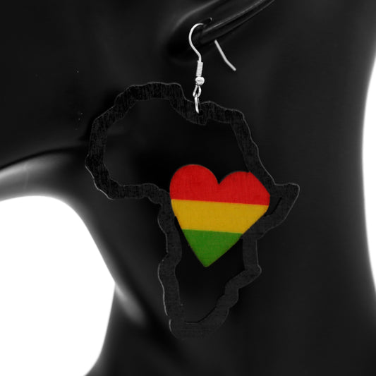 Rasta Heart Africa Map Wooden Earrings