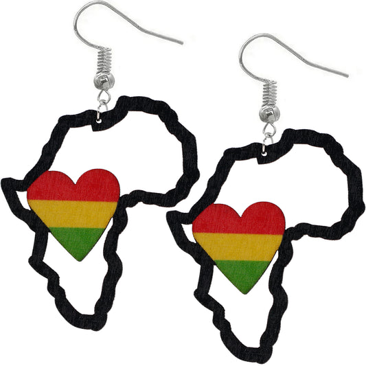 Rasta Heart Africa Map Wooden Earrings