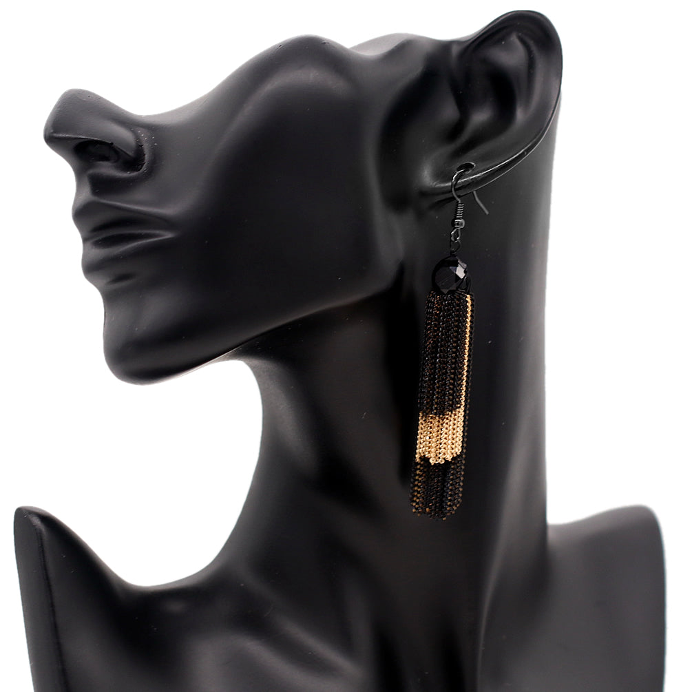 Black Gemstone Two Tone Chain Earrings