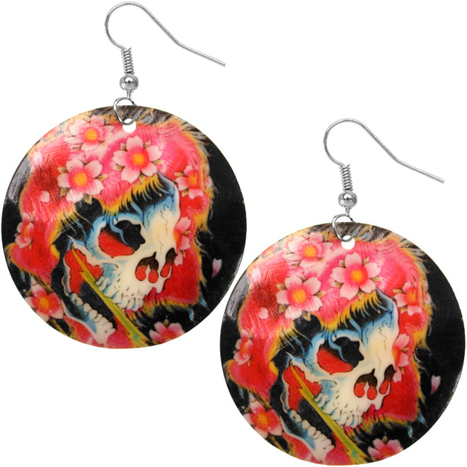 Black Iridescent Skeleton Skull Flower Shell Earrings