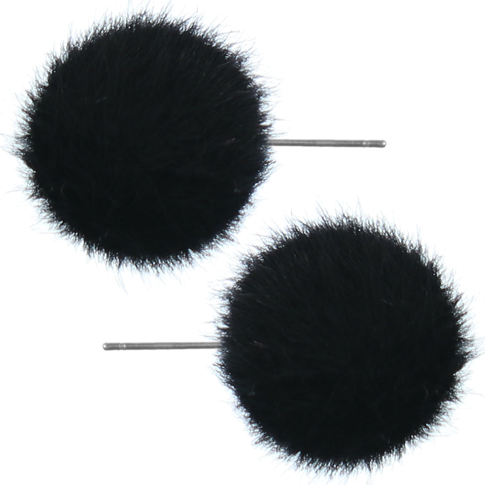 Black Large Fury Pom Pom Stud Earrings