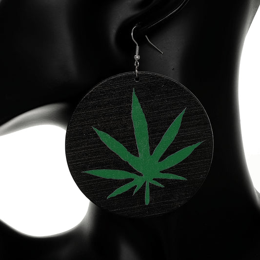 Black Large Marijuana Leaf Wooden Earrings