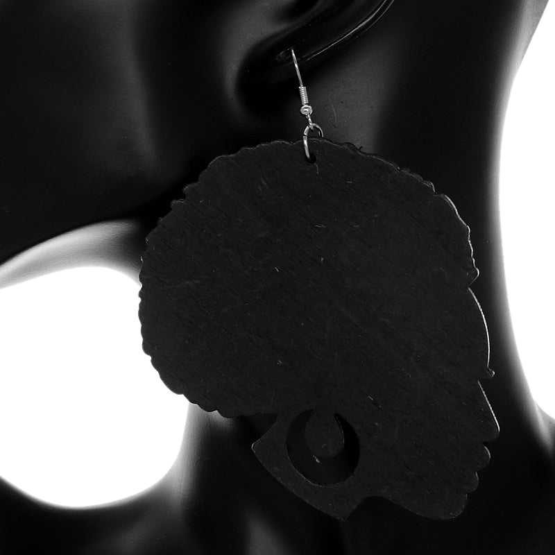 Black Large Afro Head Wooden Earrings
