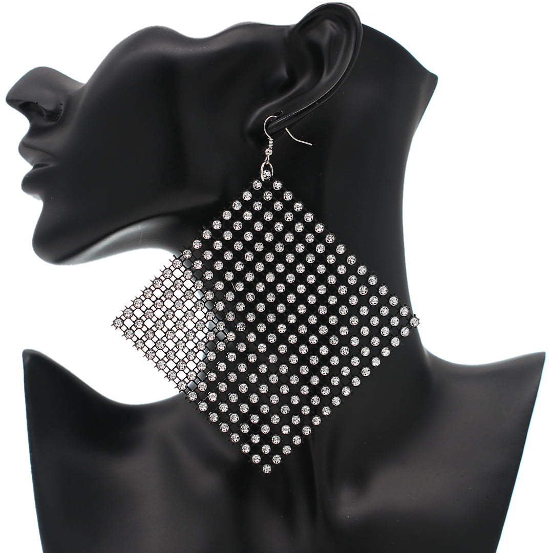 Black Silver Mesh Mini Rhinestone Drop Earrings