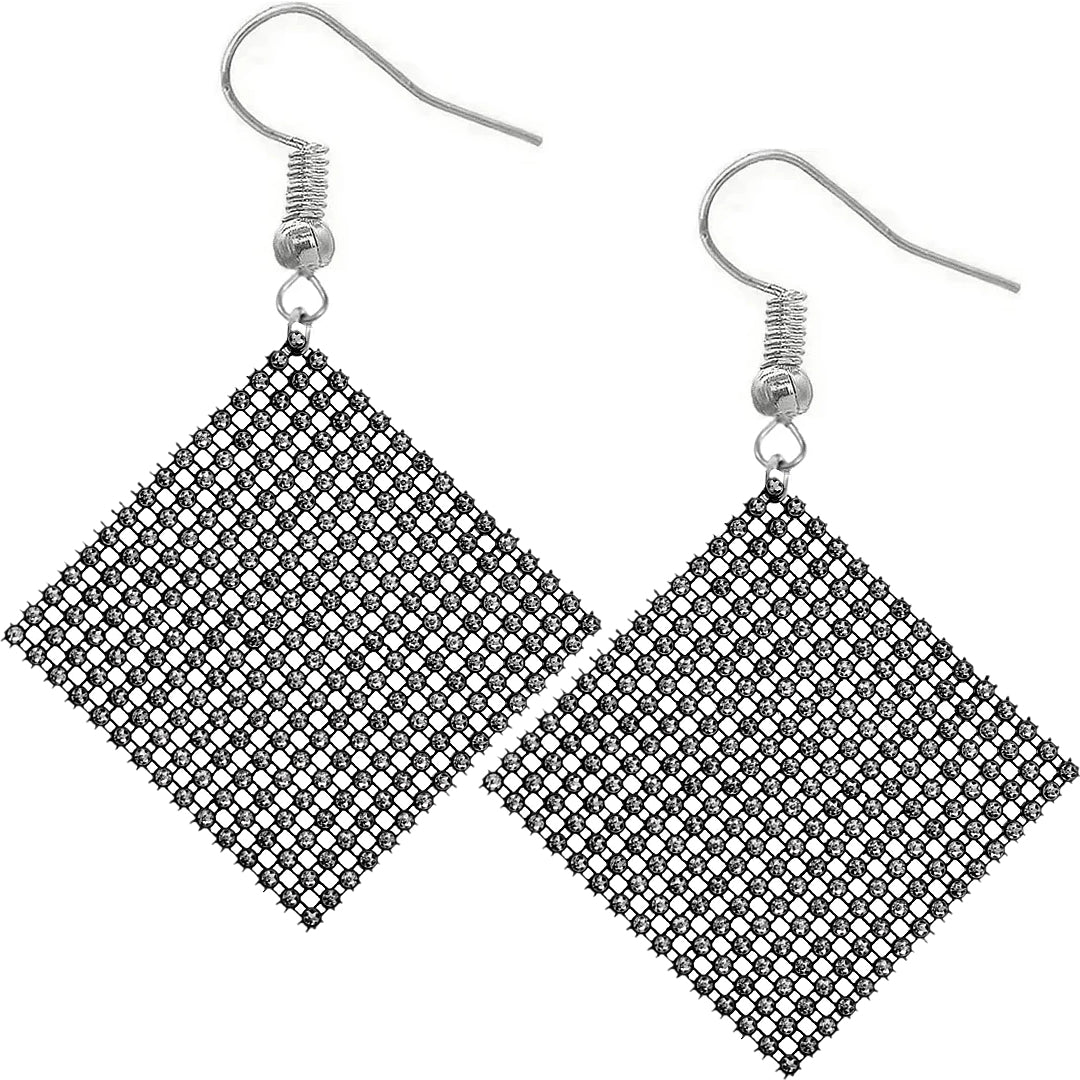 Black Silver Mesh Mini Rhinestone Drop Earrings